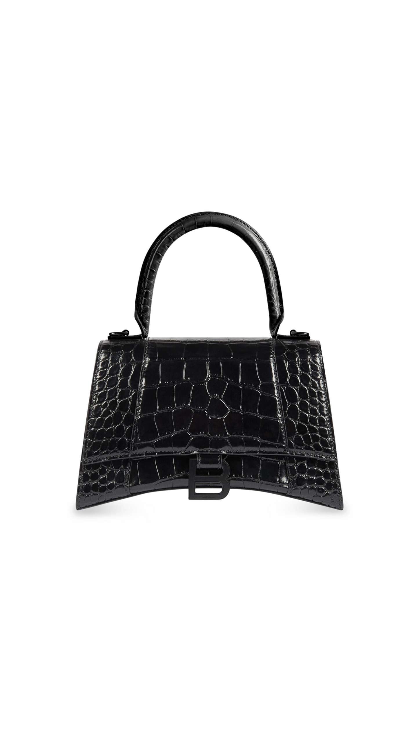 Hourglass Small Handbag in Shiny Crocodile Calfskin - Black.