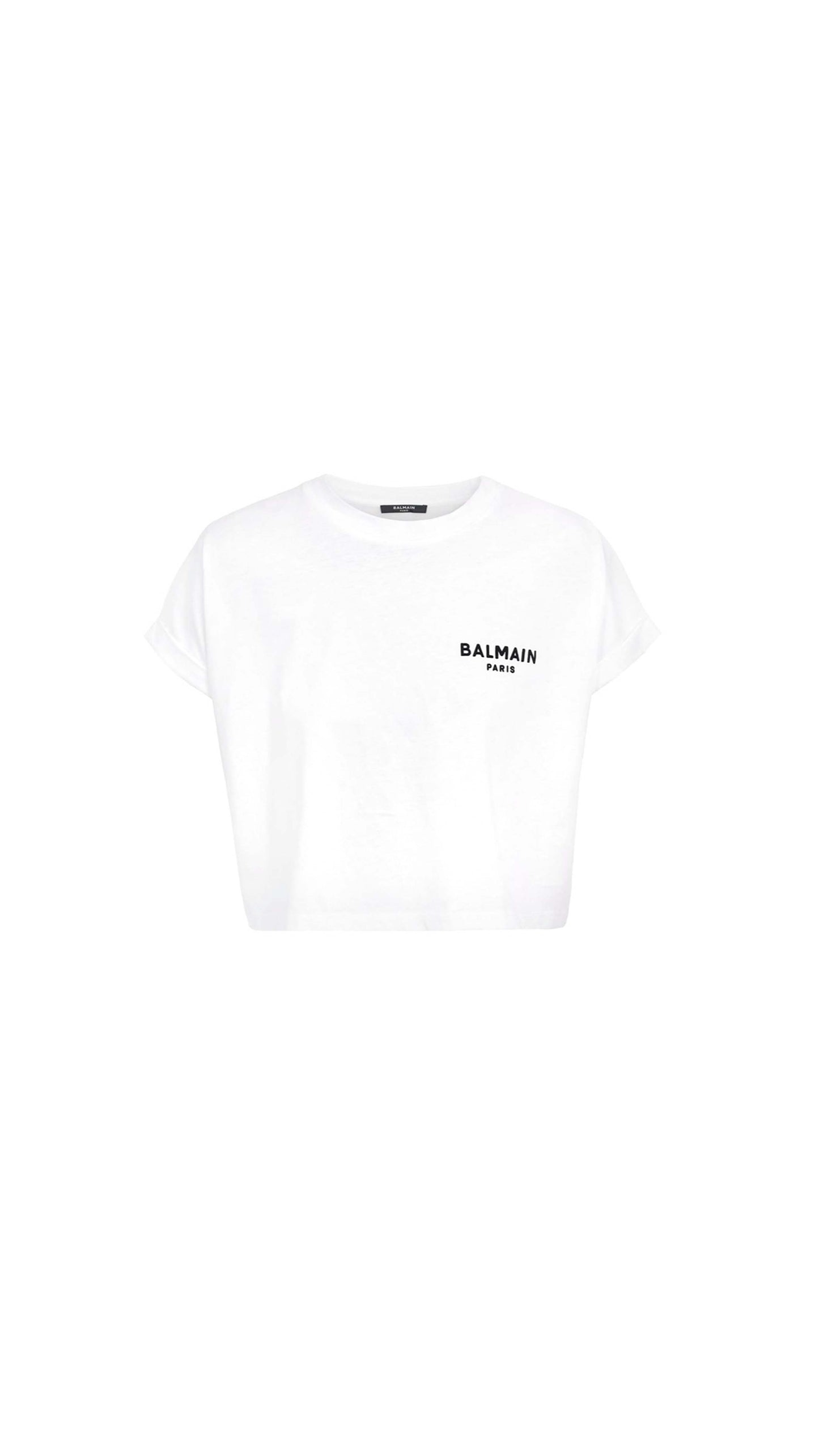 Cropped Cotton T-shirt with Flocked Balmain Logo - White