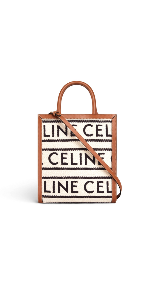 Small Vertical Cabas Celine in Textile with Celine All-over and Calfskin -White/Black