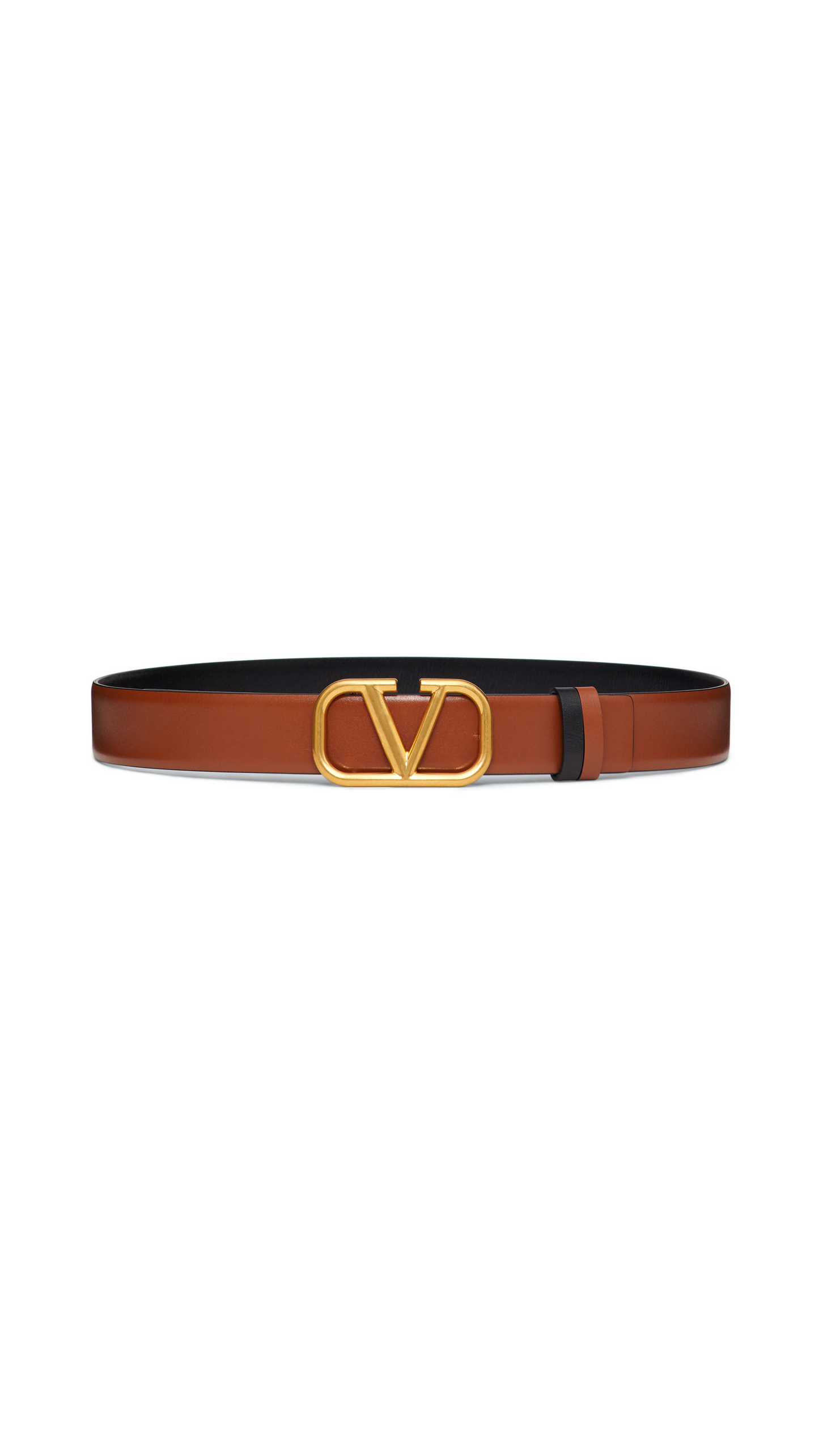 VLogo Signature Reversible Belt in Shiny Calfskin Leather - Black / Saddle Brown