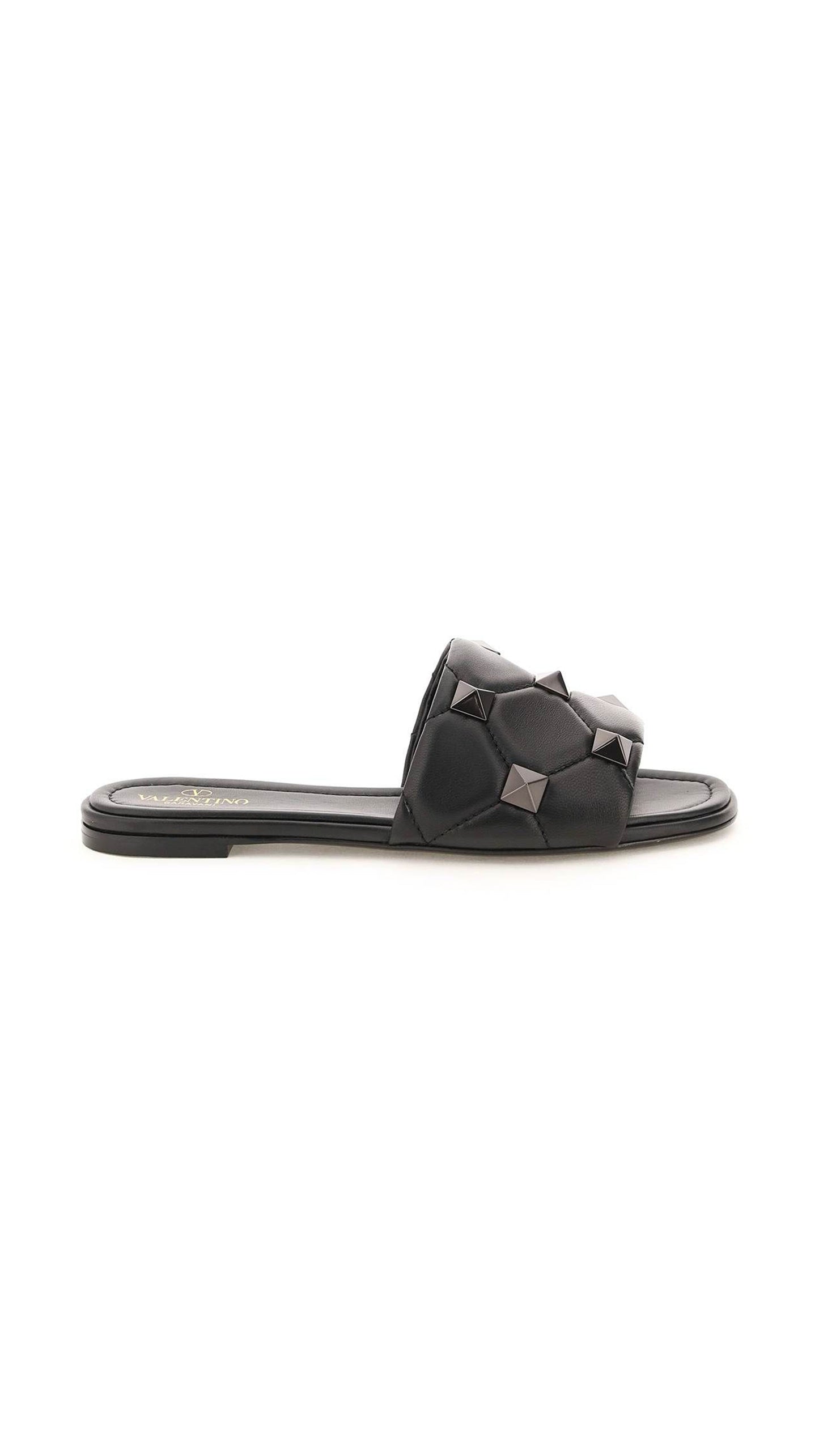 Roman Stud Flat Slide Sandal In Quilted Nappa - Black