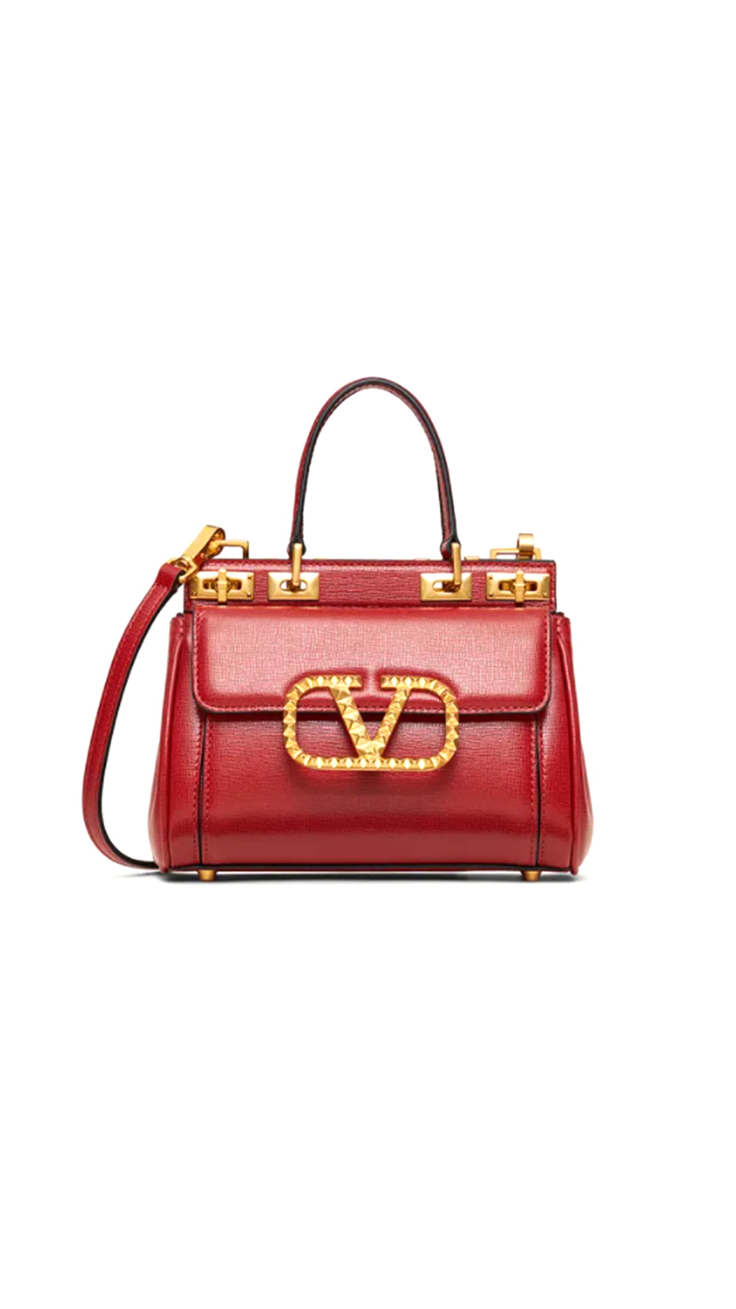 Small Rockstud Alcove Handbag In Grainy Calfskin - Red