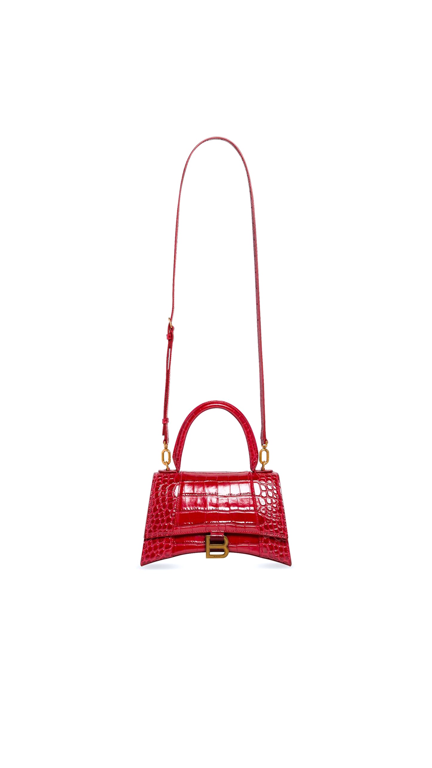 Hourglass Small Handbag In Shiny Crocodile Embossed Calfskin - Red