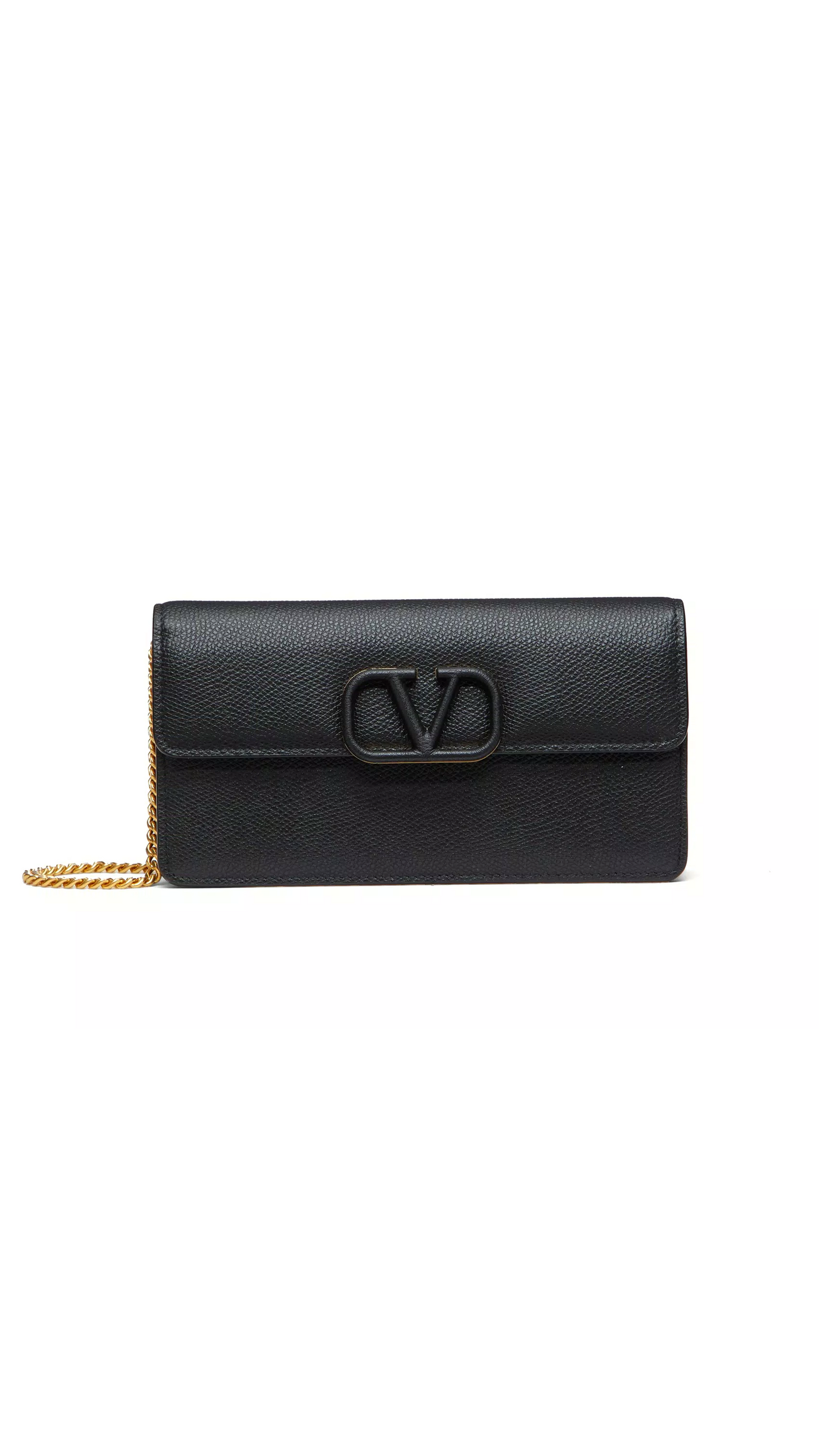 Vlogo Signature Grainy Calfskin Wallet With Chain - Black