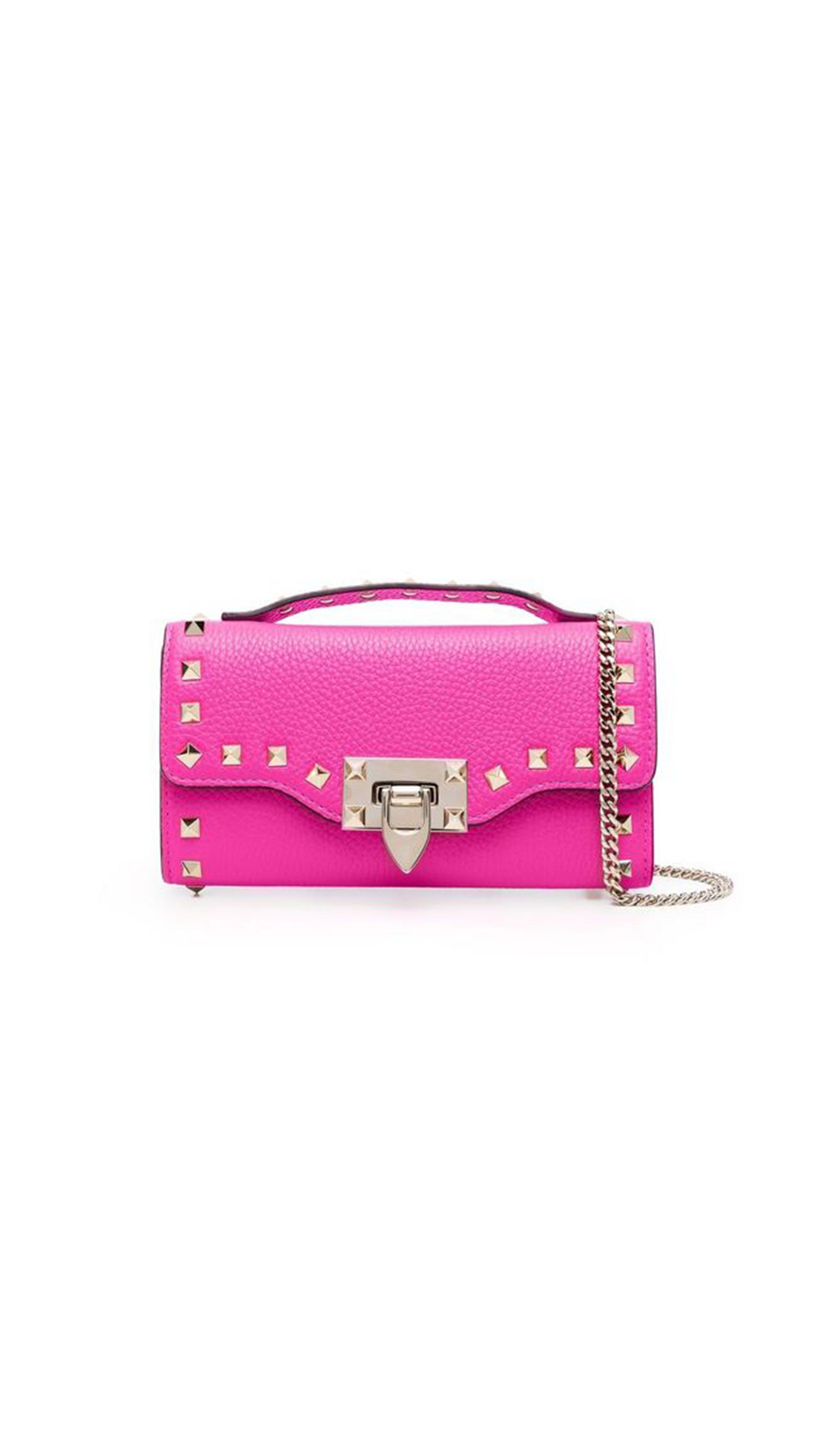Rockstud Grainy Calfskin Wallet With Chain Strap - Pink PP