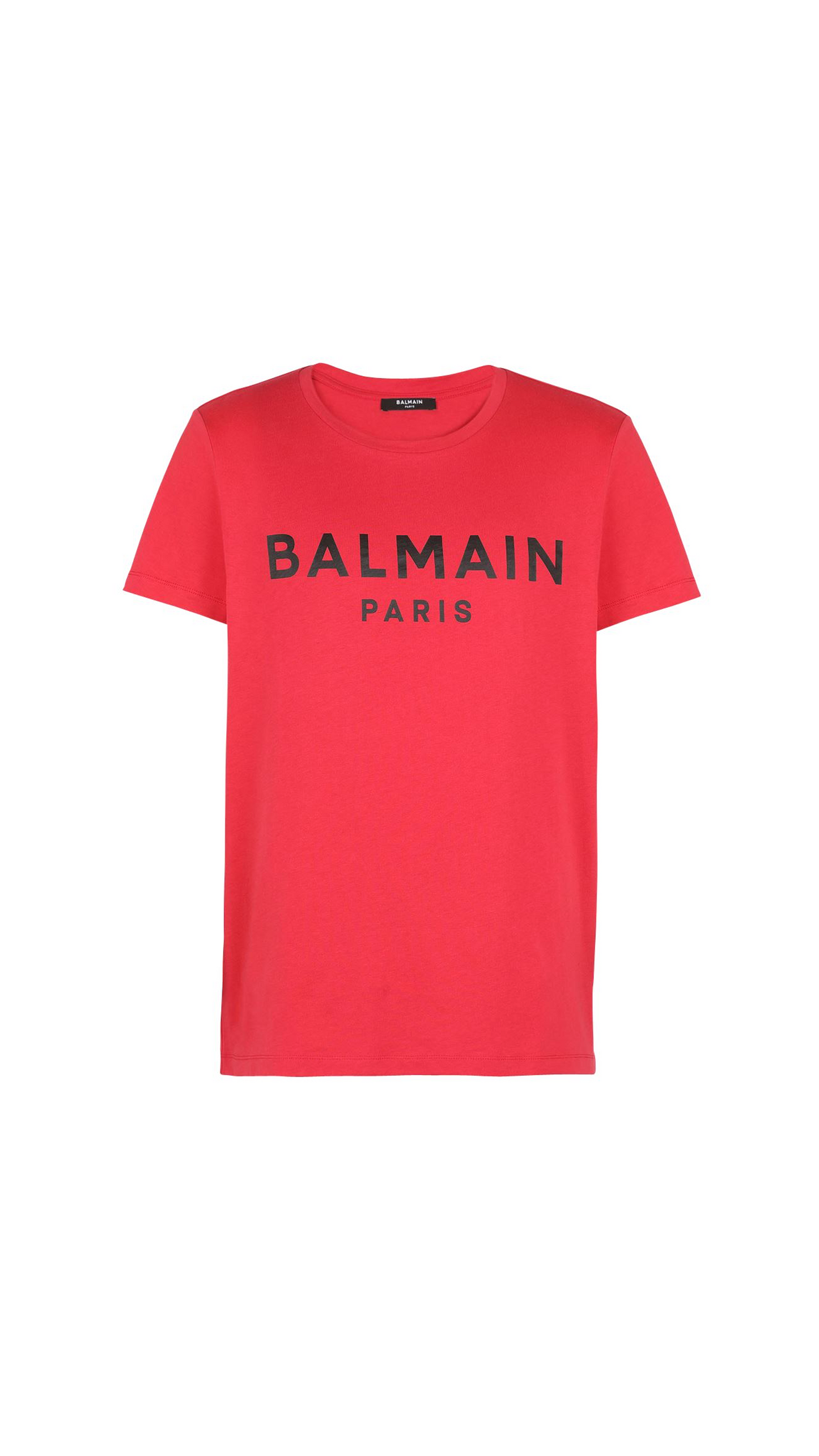 Cotton T-shirt with Balmain Paris Logo Print - Red