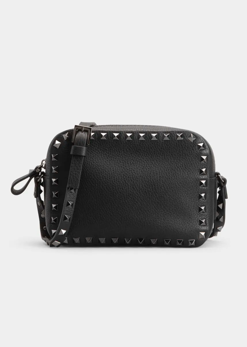 Small Rockstud Calfskin Crossbody Bag with Tonal Studs - Black