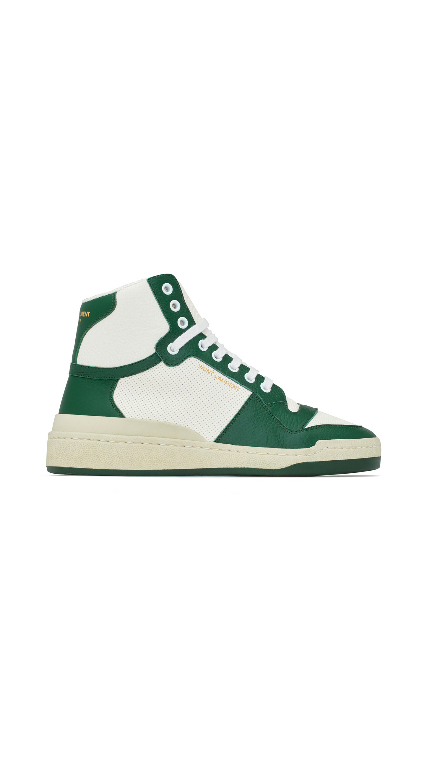 SL/24 Mid-top Sneakers in Smooth and Perforated Leather - White/Dark Green