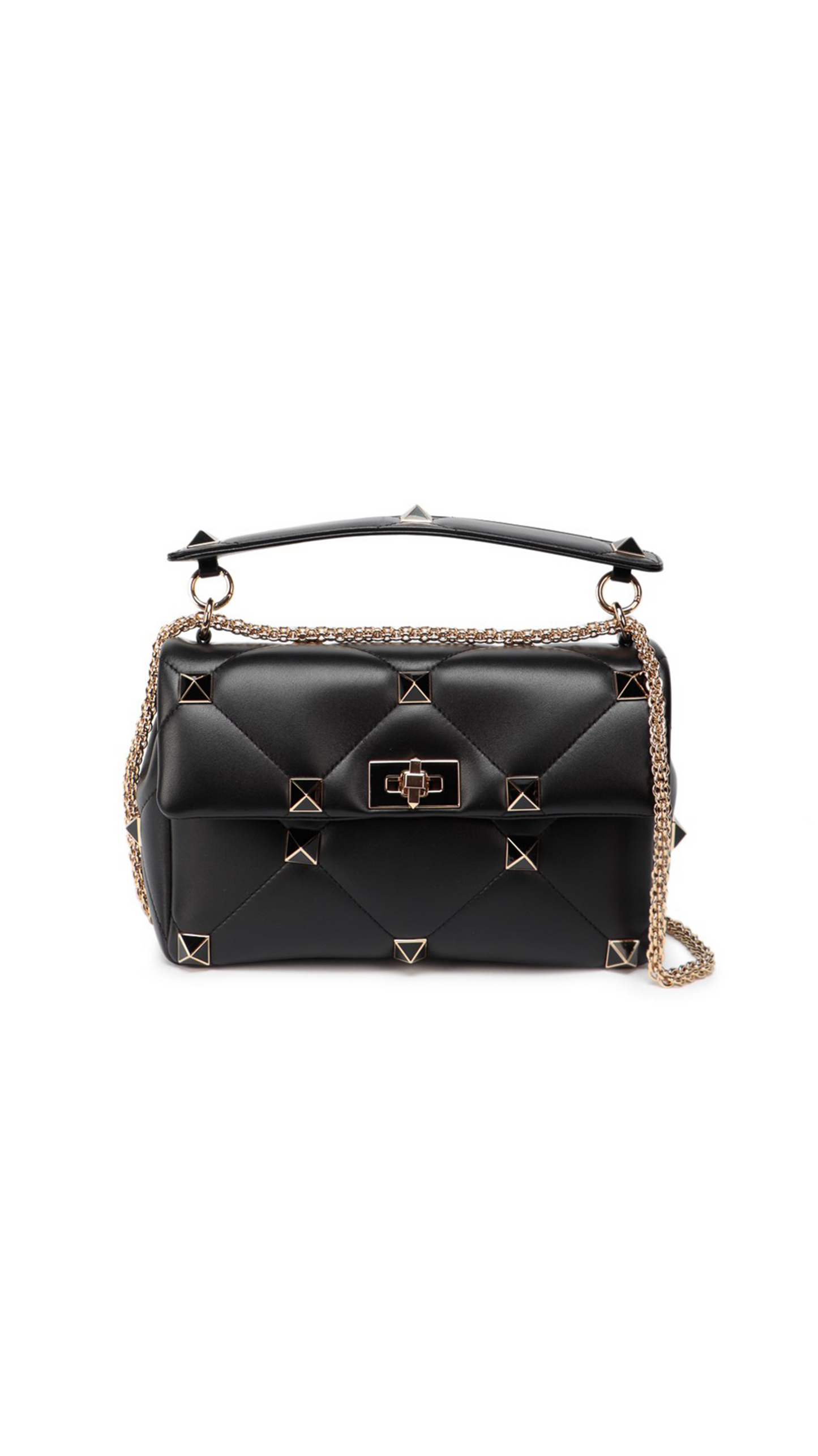 Large Roman Stud the Shoulder Bag in Nappa with Chain and Enameled Studs - Black