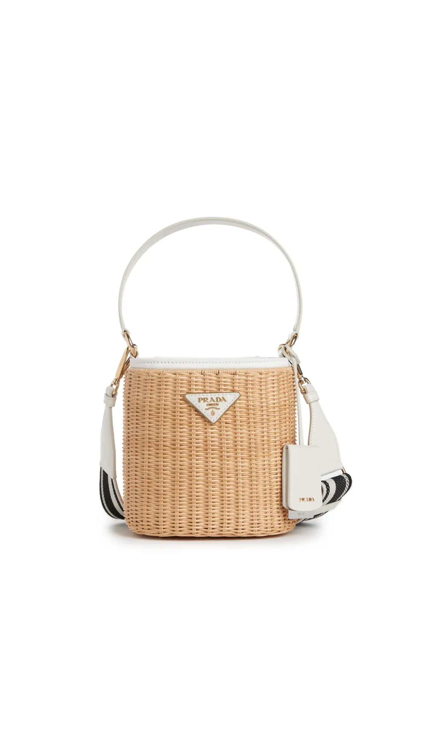 Wicker And Canvas Bucket Bag - Tan/White.