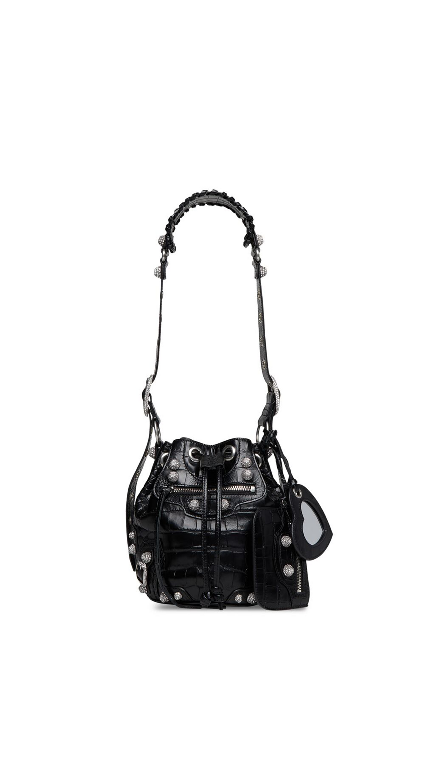Le Cagole XS Bucket Bag Crocodile Embossed Leather with Rhinestones - Black