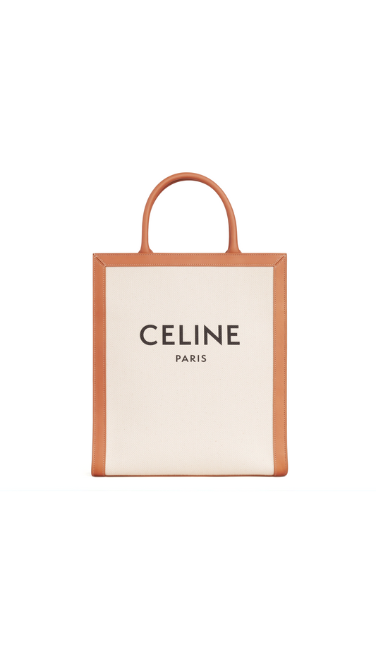 Small Vertical Cabas Celine In Canvas With Celine Print And Calfskin - Natural/Tan