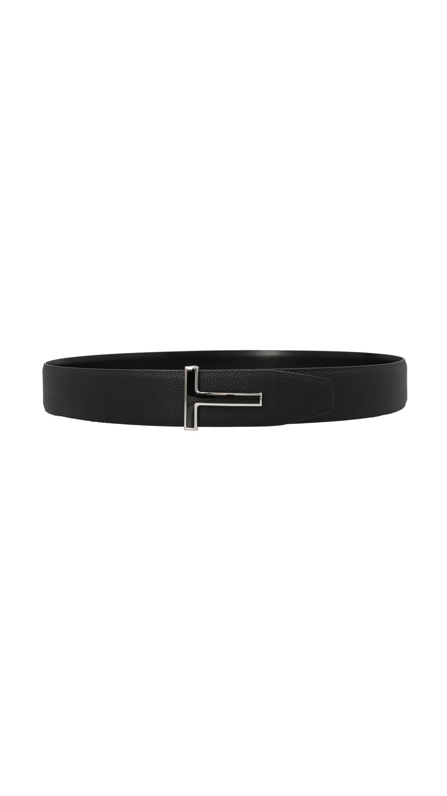 Reversible Soft Grain and Smooth Leather T Icon Belt - Black