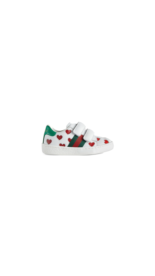 Toddler Ace Leather Sneaker with Hearts - White